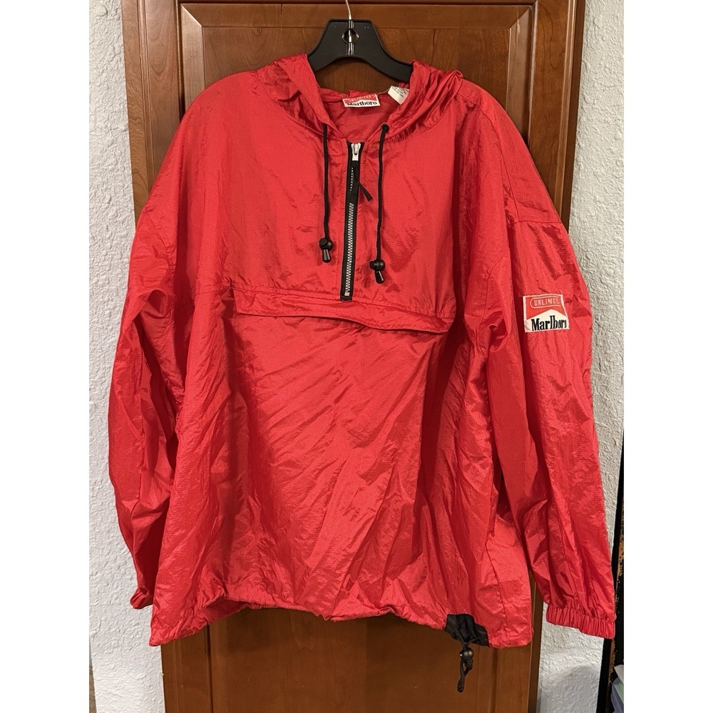 Vintage Marlboro Mens XL Red Hooded Windbreaker Jacket Folds To Fanny Pack